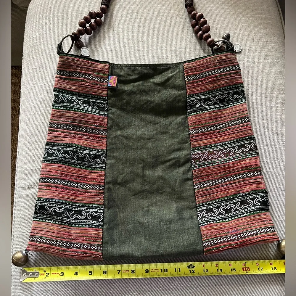 GORGEOUS tribal tapestry boho handmade fabric purse bag metal wood beads hippie
